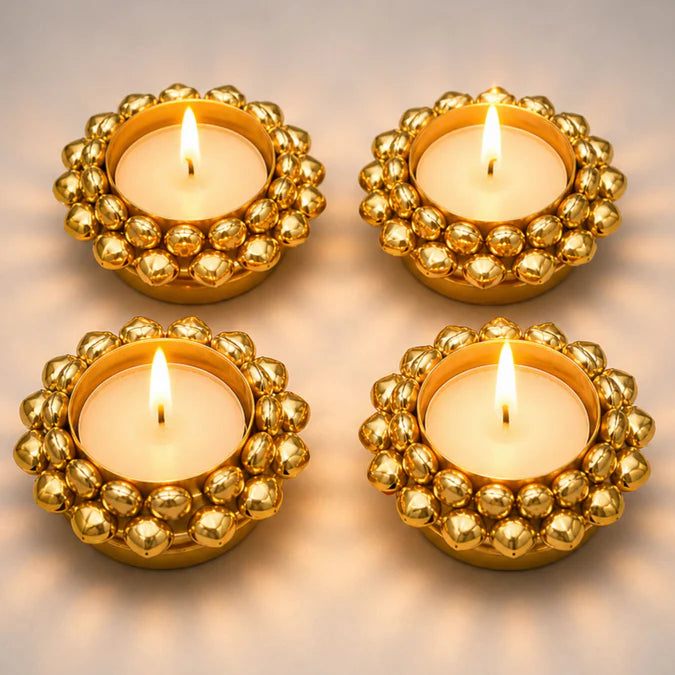 Ghungroo Tea Light Candle Holder for Home Decor (4 Pcs)– Traditional Diya Stand for Diwali Pooja, Table Centerpiece, Housewarming, Wedding & Festive Gifting